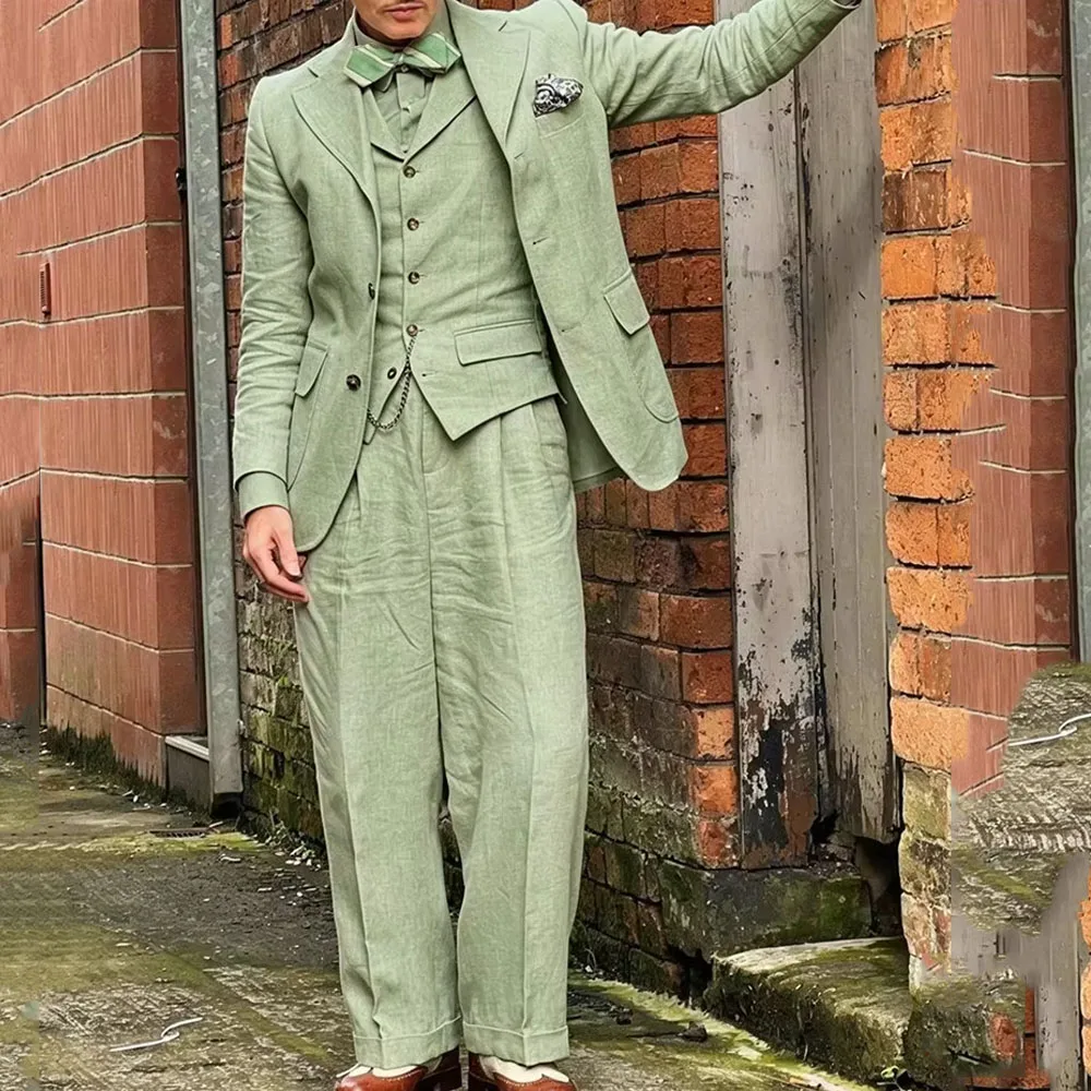 

Vintage Men's Linen Suit 3 Piece Peak Lapel Linen Blazer Vest Wide Leg Pants Summer Lightweight Formal Set For Beach Wedding Pro