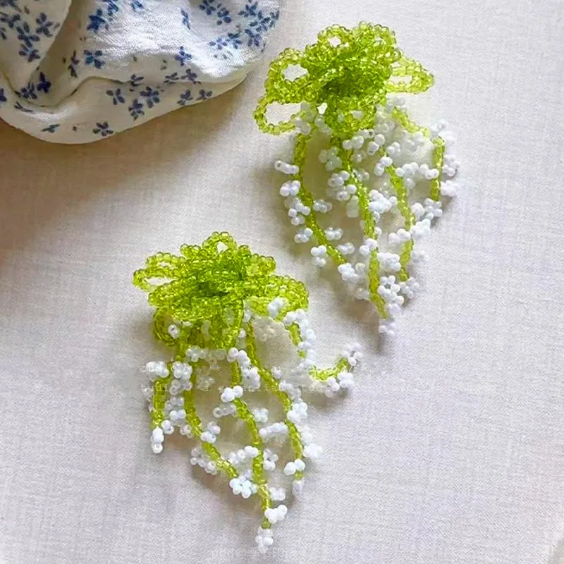 Spring Summer White Green Strands Beads Flower Tassel Earrings 2026 New Creative Big Statement Dangle Earrings For Women