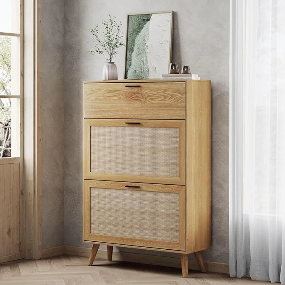 

Natural Rattan Shoe Cabinet, Entryway Shoe Cabinet with 2 Flip Drawers and Hidden Cabinet, Boho Shoe Organizer Cabinet, Wooden