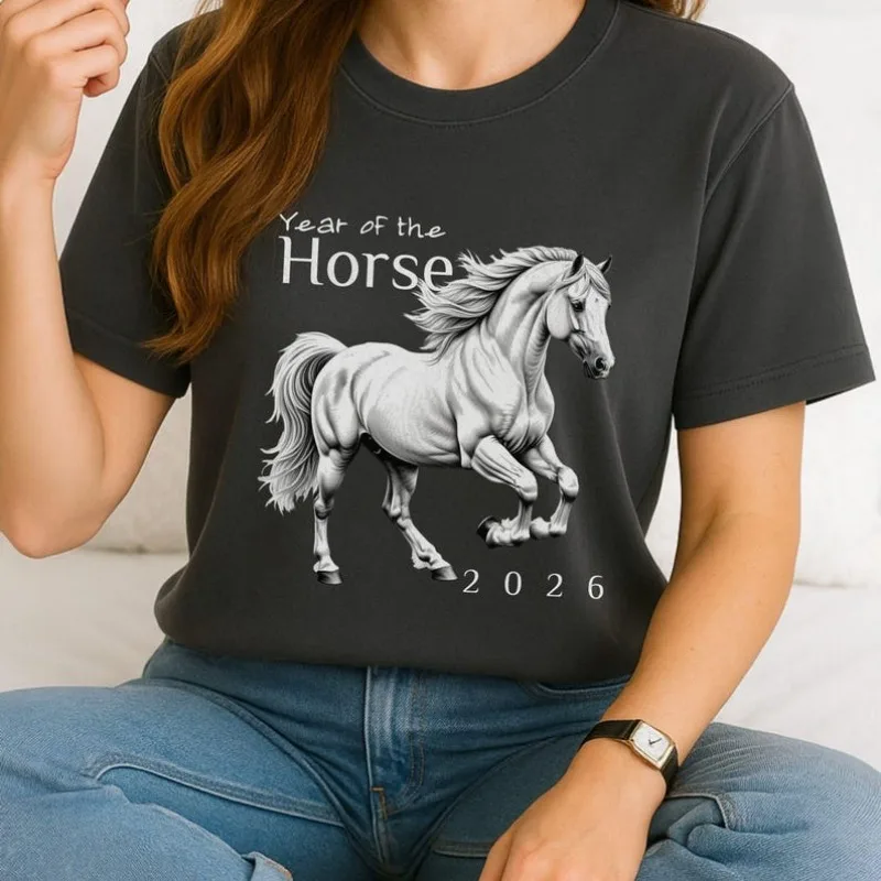 Year of The Horse 2026 Farmcore Cotton Tshirt Chinese Zodiac Horse Tee Gift for Equestrian Animal Lover Present Outdoors Casual