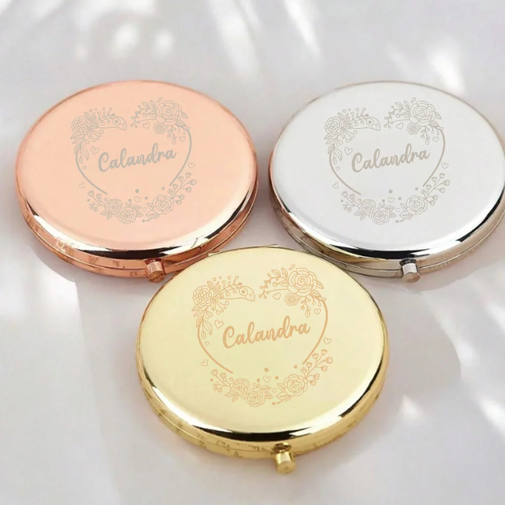 1pc Colorful Heart-shaped flower wreath Customized Name Mirror With Name Makeup Mirror Round Circle Mirror Wedding Party Gifts