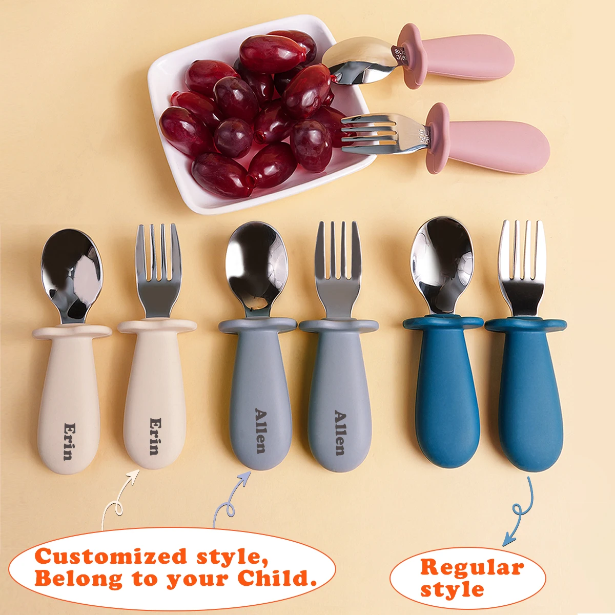 Support DIY names Baby Tableware Set Children Utensil Stainless Steel Toddler Dinnerware Cutlery Infant Food Feeding Spoon Fork