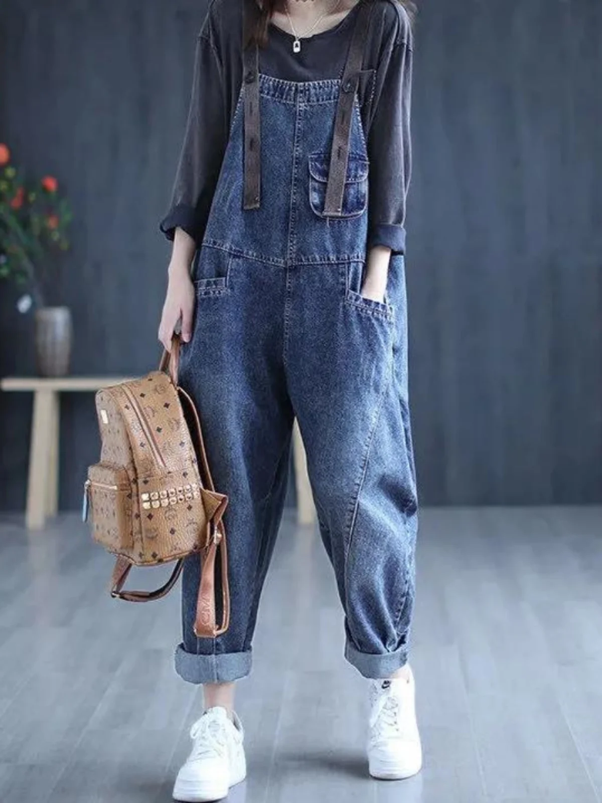 Large Size Denim Jumpsuits Women 2026 New Spring  Autumn Korean Version Loose Harem Pants Retro Casual  Pocket Wide Leg Jeans