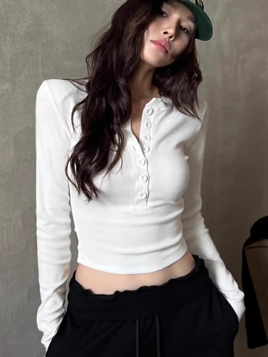 Polo Neck T Shirt for Women Sexy Crop Top Button Long Sleeve Woman Tshirt Slim Black Youthful Elegant Synthetic Aesthetic Luxury