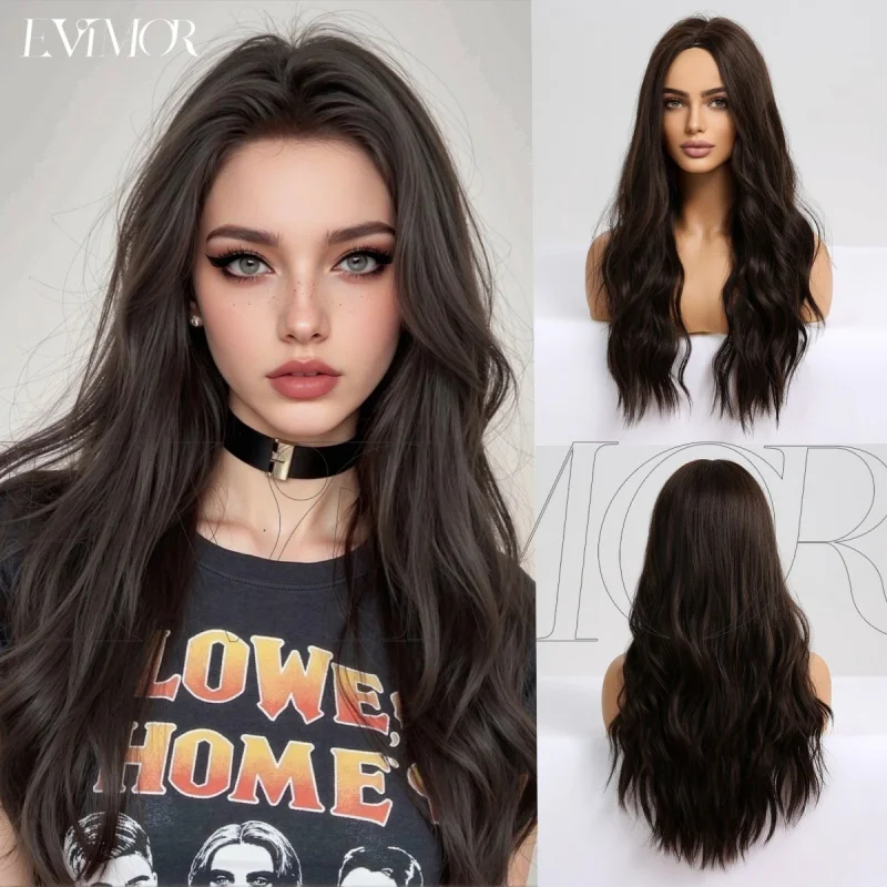 Full head , middle parting, black-brown large waves, 24 inches, matte high-temperature synthetic hair wig for women