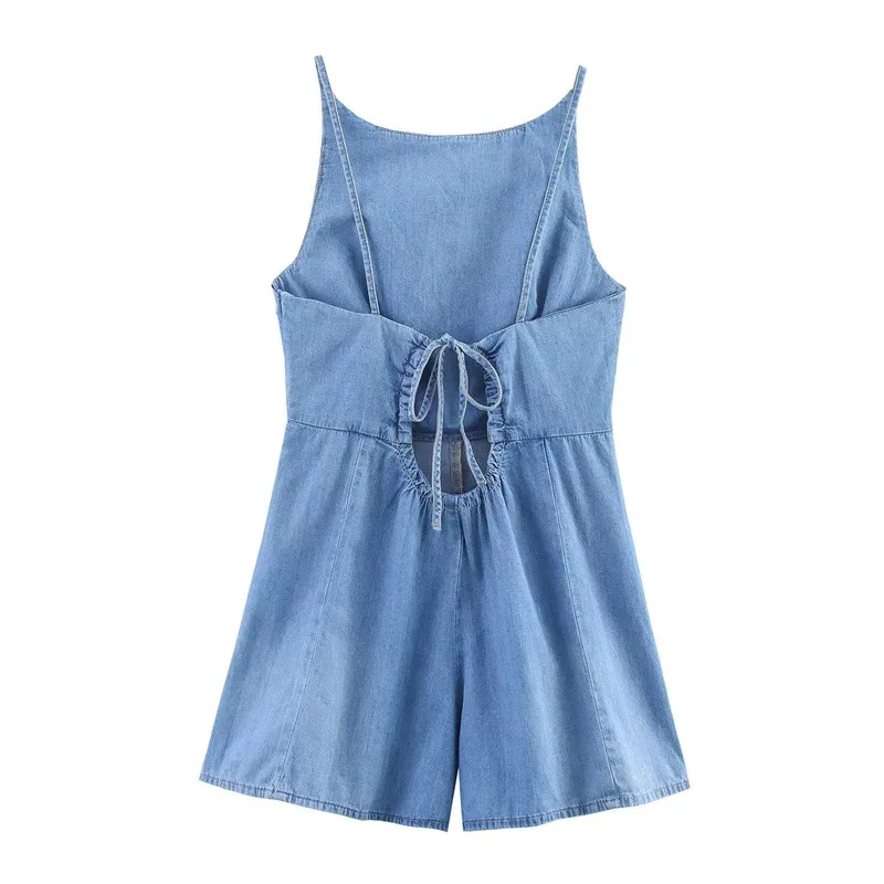 

Women's Casual Solid Color Denim Jumpsuit Backless Lace-Up Sleeveless Short Street Style Jumpsuit