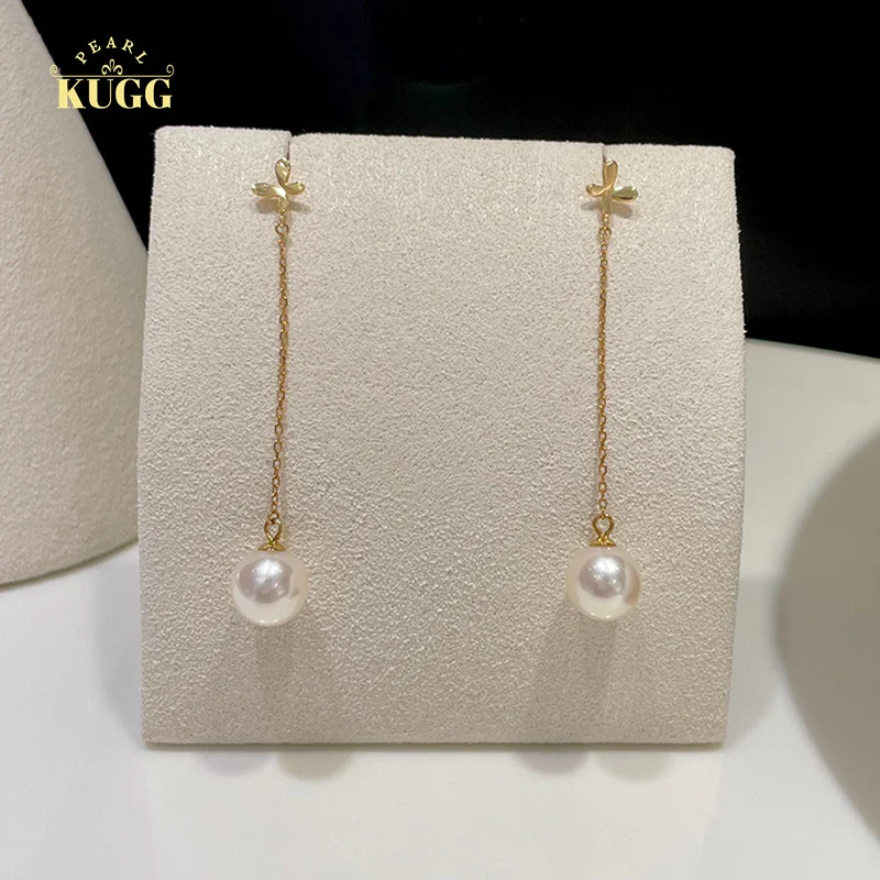 

KUGG PEARL 18k Yellow Gold Earrings Shiny Design 8-8.5mm Natural Freshwater Pearl Drop Earrings for Women Party Jewelry