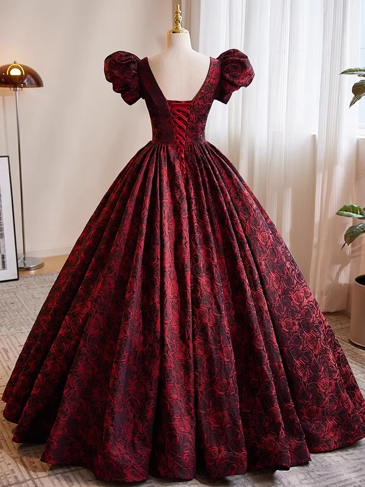 Customized Evening Dress Burgundy Satin Black Tulle Strapless Short Puff Sleeves A-line Floor Length Pleat Lady Party Dress