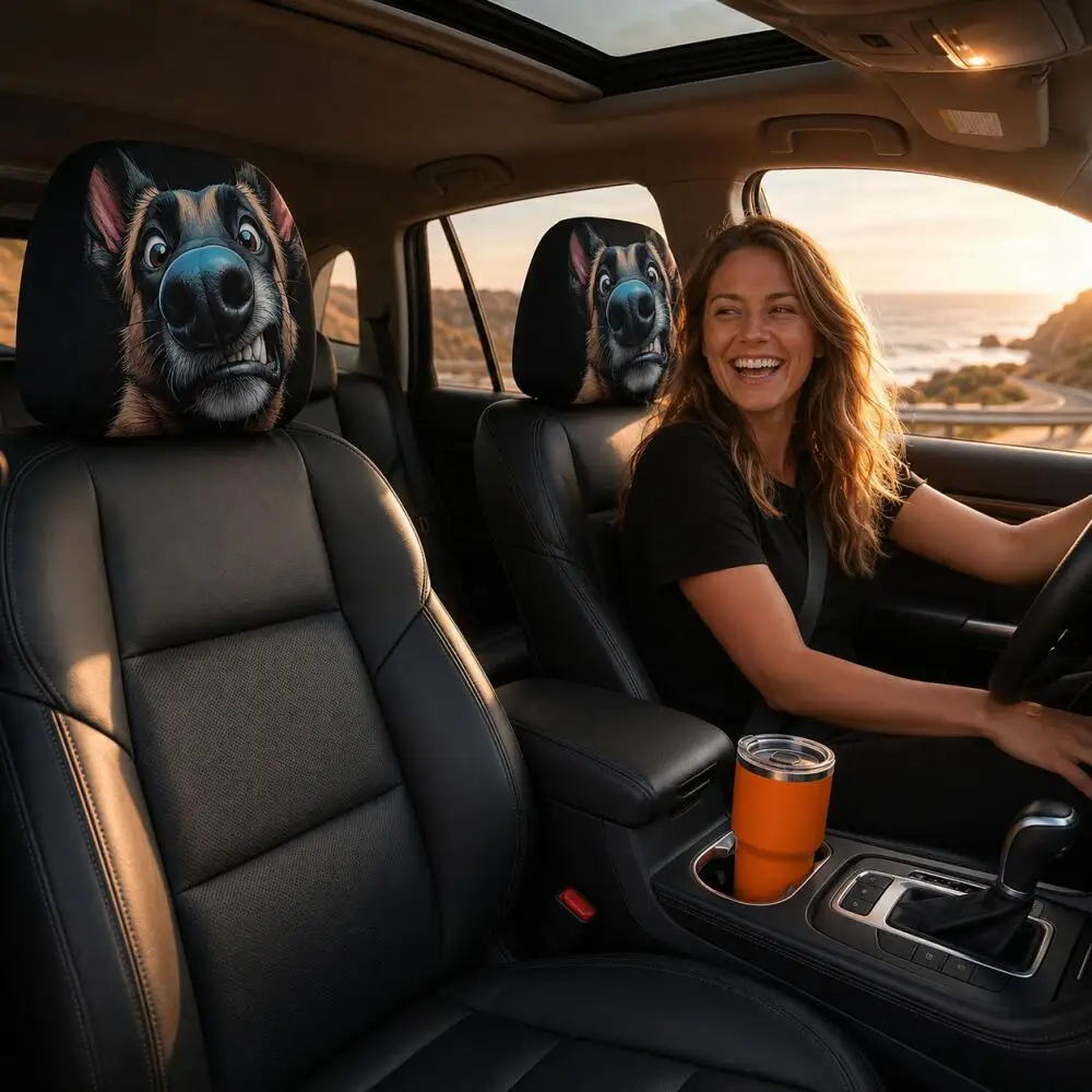2PCS funny big nose German Shepherd car headrest covers, cute dog universal elastic auto head rest protectors