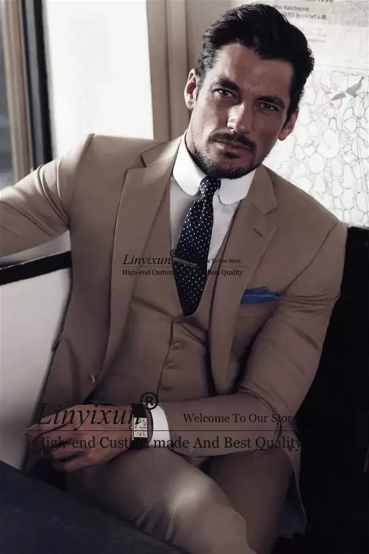 

Fashion Brown Groom Tuxedos Notched Lapel Mens Wedding Suits 3 Pieces Sets Groomsmen Best Man Blazers Slim Fit Terno Masculino