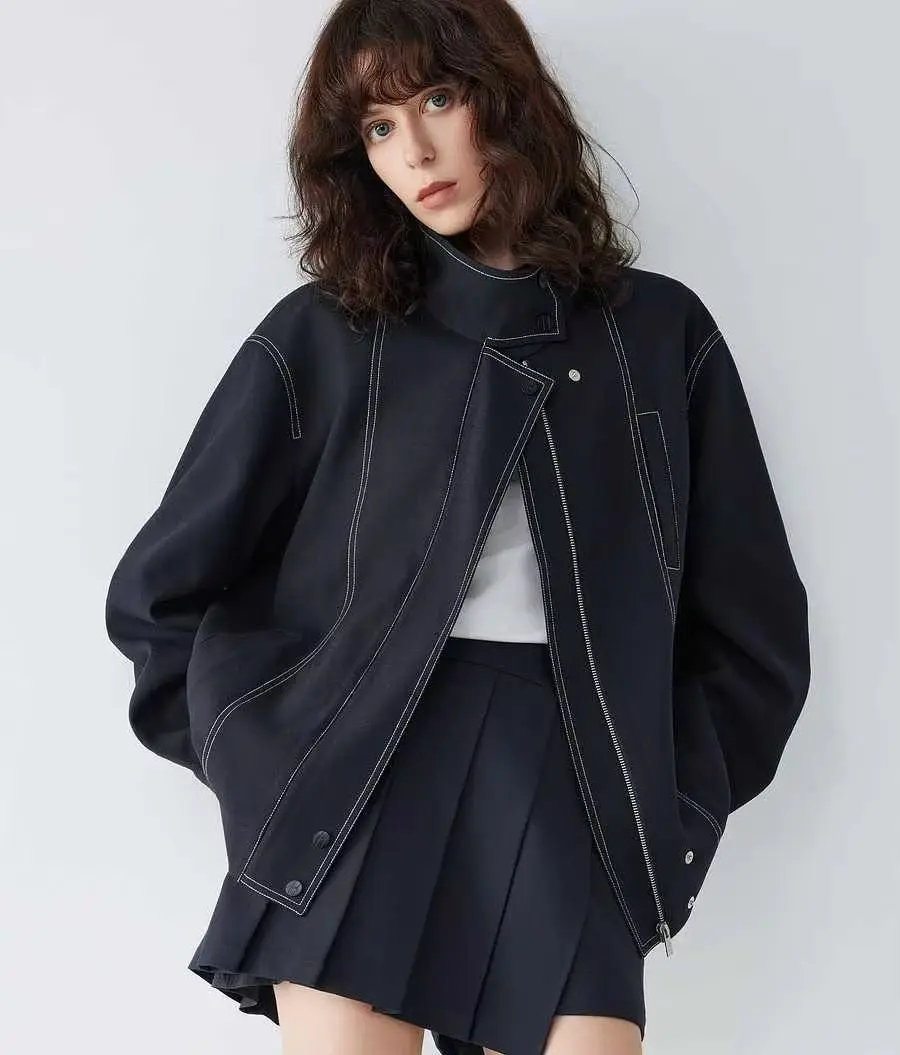 

Французская элитная женская куртка осенью 2023 года, новая свободная куртка с цветными блоками и воротником-стойкой для поездок на работу, топ