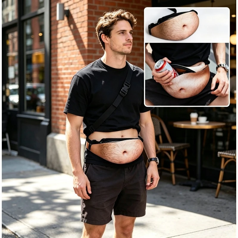 Funny Beer Belly Waist Bag Realistic Hairy Print Waist Bag Creative Simulation Fanny Pack for Party Prank Halloween Gag Gift