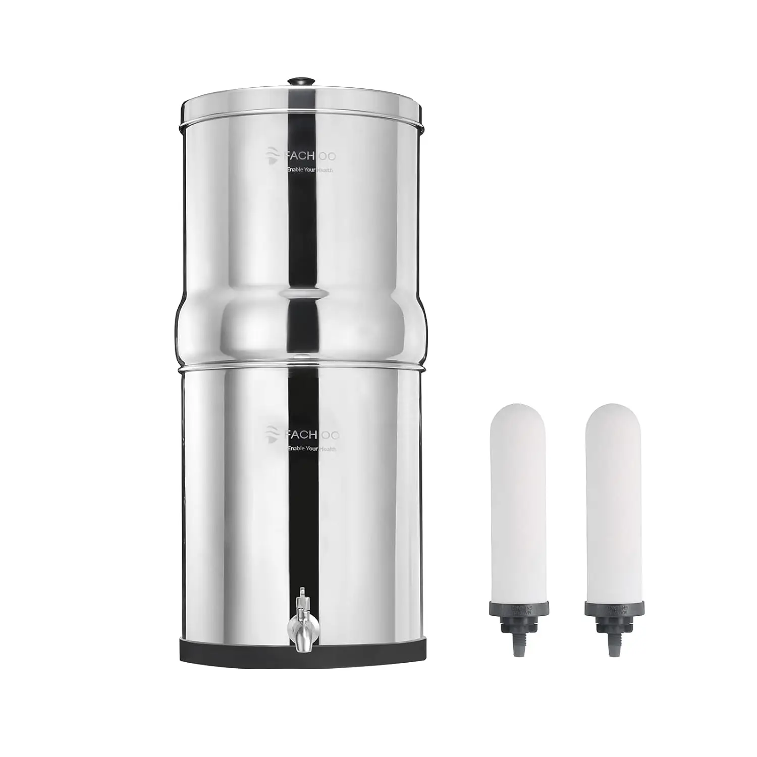 Stainless Steel Gravity-Fed Water Filter System with 2 White Ceramics Purification Washable Filter