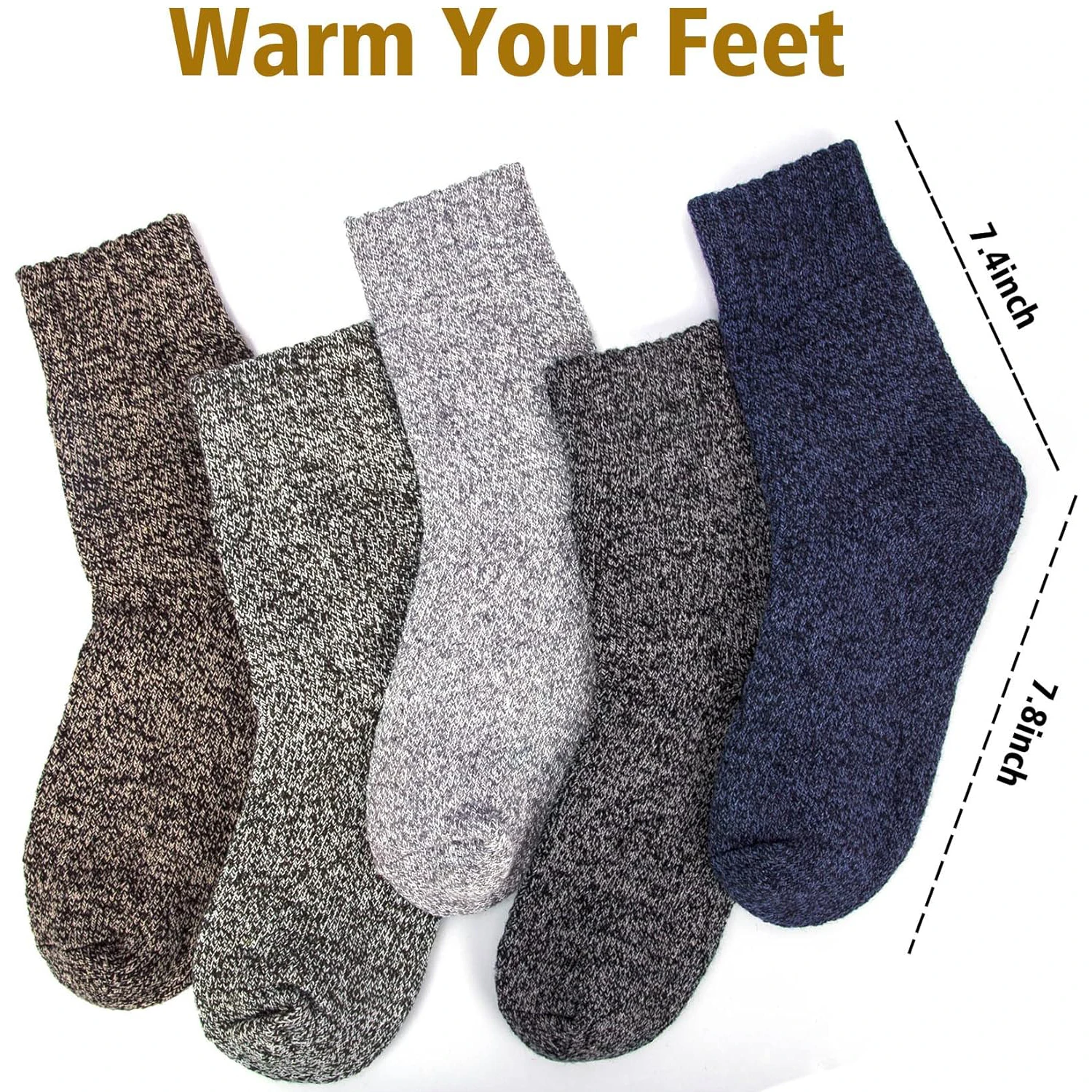 TRALOW 5足組 メンズ 冬用暖かい靴下 厚手ミッドカーフソックス 防寒スノーブーツ 伸縮性あり 無地 ランニングや日常着に