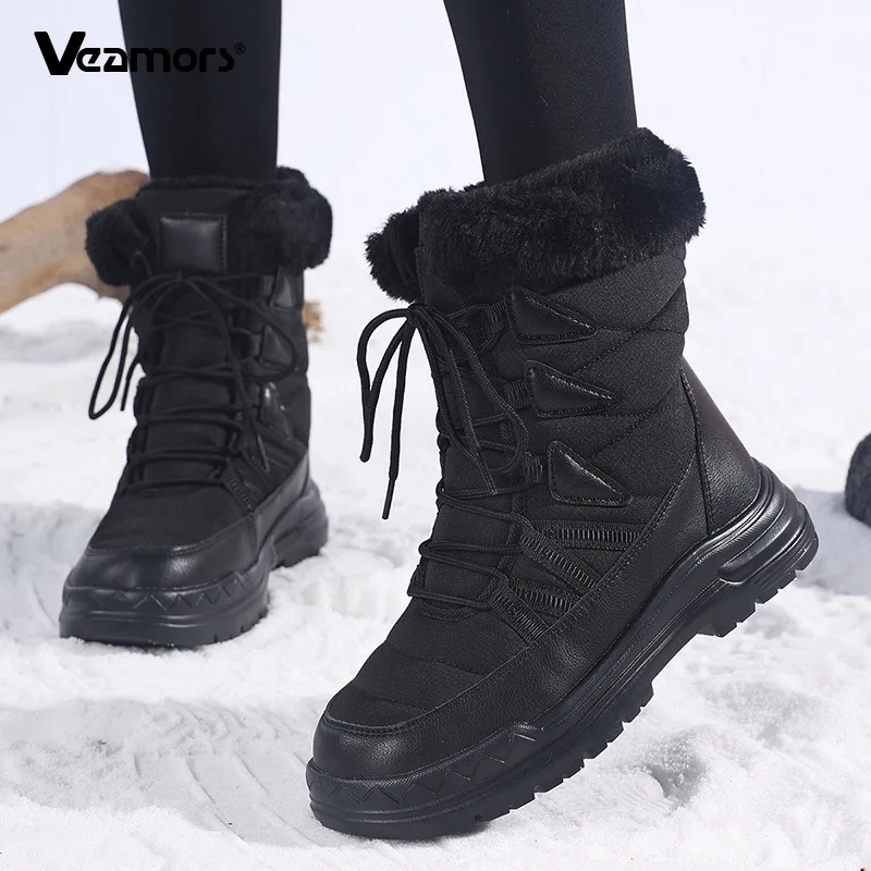 Winter Snow Boots Women Lace Up Mid Calf Plush Cotton Shoes Non Slip Thick Sole Warm Outdoor Hiking Boots Size 36-43