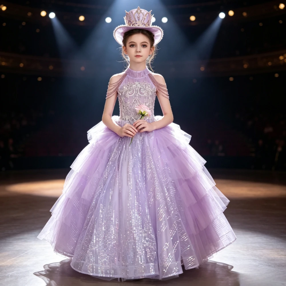 2026 Purple Kids Formal Girls Princess Gown Elegant Host Dress Wedding Children Piano Performance  Flower Girl Evening Costume