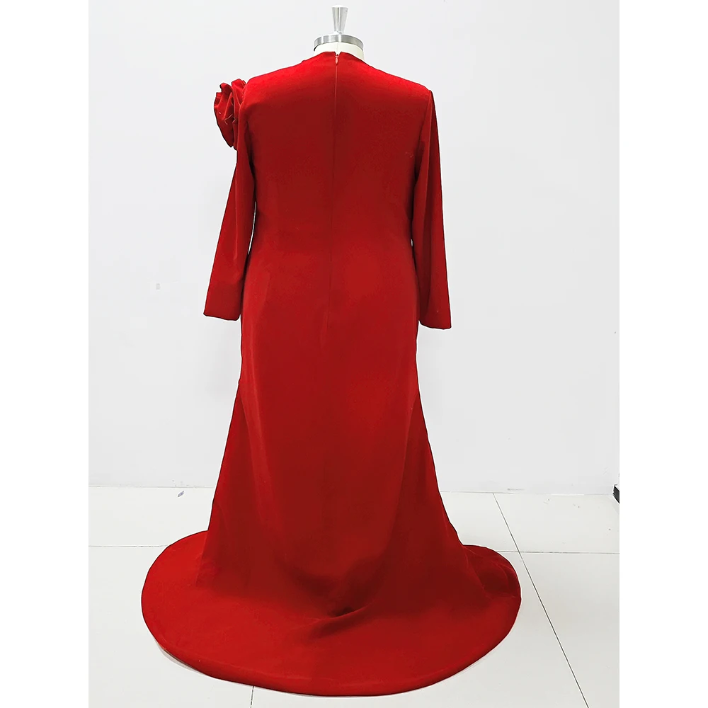 Red 3D Flowers High Neck Long Sleeve Split Prom Dresses Floor Length Formal Occasion Sweep Train Elegant Women Dress 2024