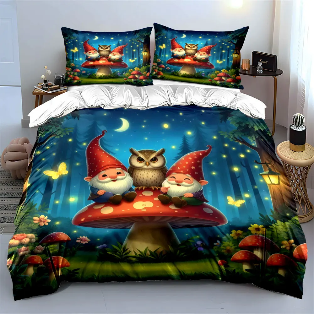 Two cute gnomes and an owl sit on a mushroom in a night forest Duvet Cover Bedding Set Included 1*Duvet Cover 2*Pillowcases