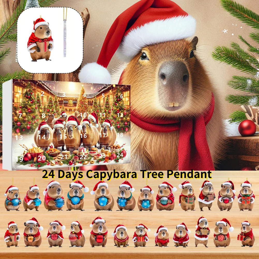 

2024 Capybara Advent Calendar 24 Days Christmas Countdown Calendar Kit 2D Acrylic Capybara Pendants for Xmas Tree Car Home Orna