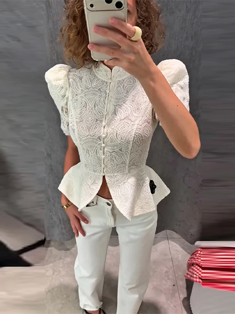 Lace Mandarin Collar Hollow Out Peplum Jacket Waist Cinched Single Breasted 2026 Summer Women Outerwear Glam Chic Lady Chaqueta