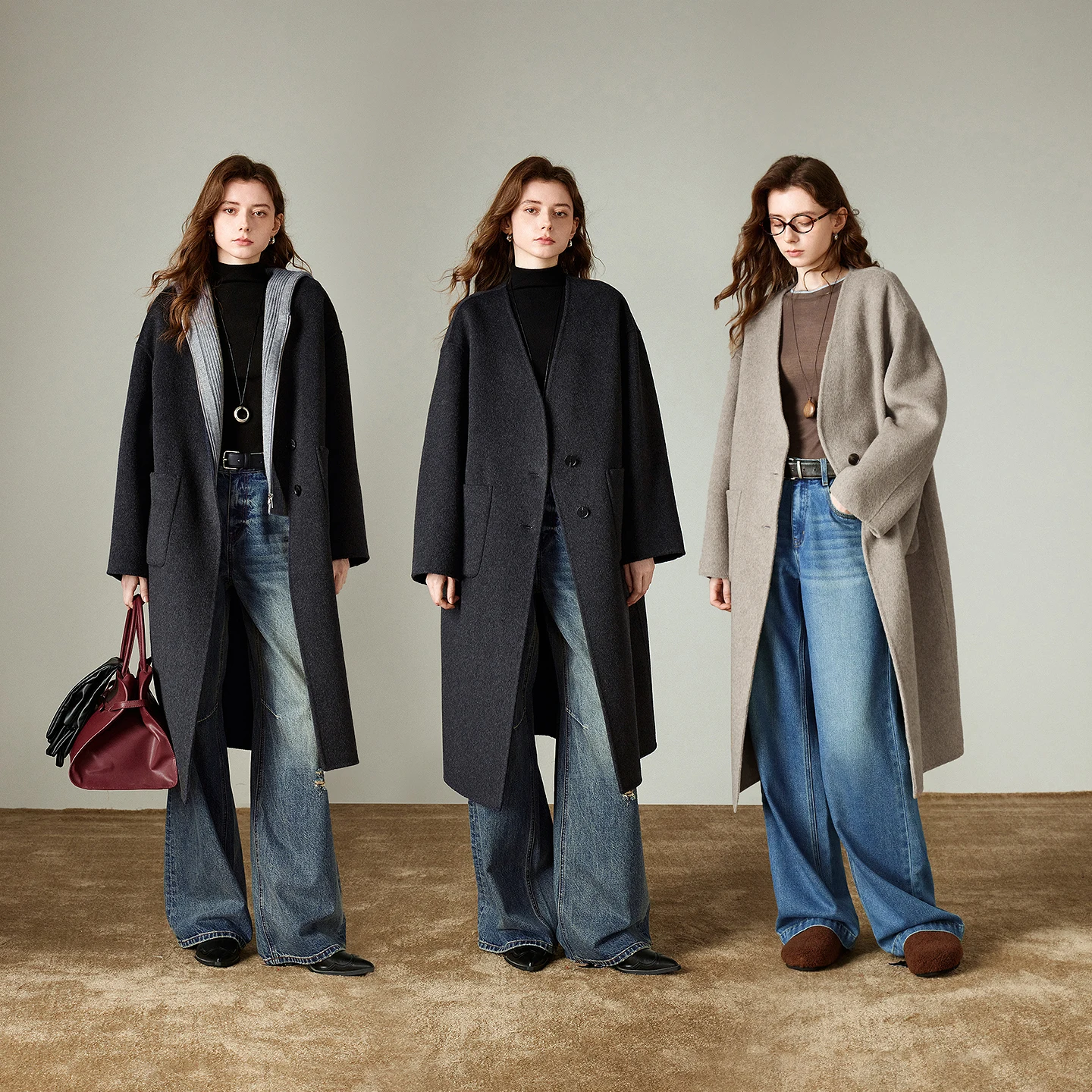 TOYOUTH 여성 울 코트 2025 겨울 신상 브이넥 중간 길이 레트로 여성 오버코트 재킷 카멜 블랙 그레이