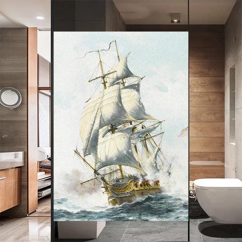 No Glue Window Film Privacy Frosted Glass Sticker Heat Insulation and Sunscreen Sailboat Painting  Window Sticker