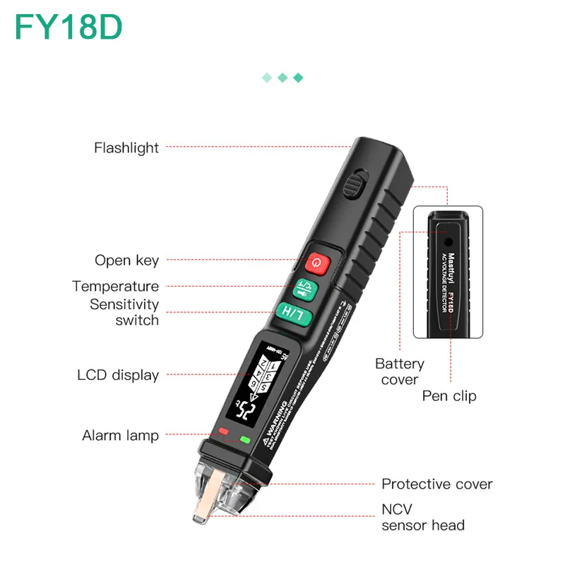 Non-Contact Voltage Tester Pen 12-1000V AC Voltage Detector Circuit Breakpoint Finder with Flashlight Beeper LCD Electroscope