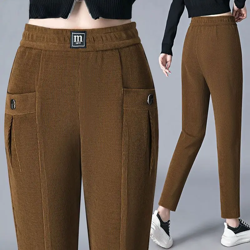 Autumn Winter New Corduroy Casual Haren Pants Women Solid Elastic High Waist Pockets Patchwork Loose Versatile Straight Trousers
