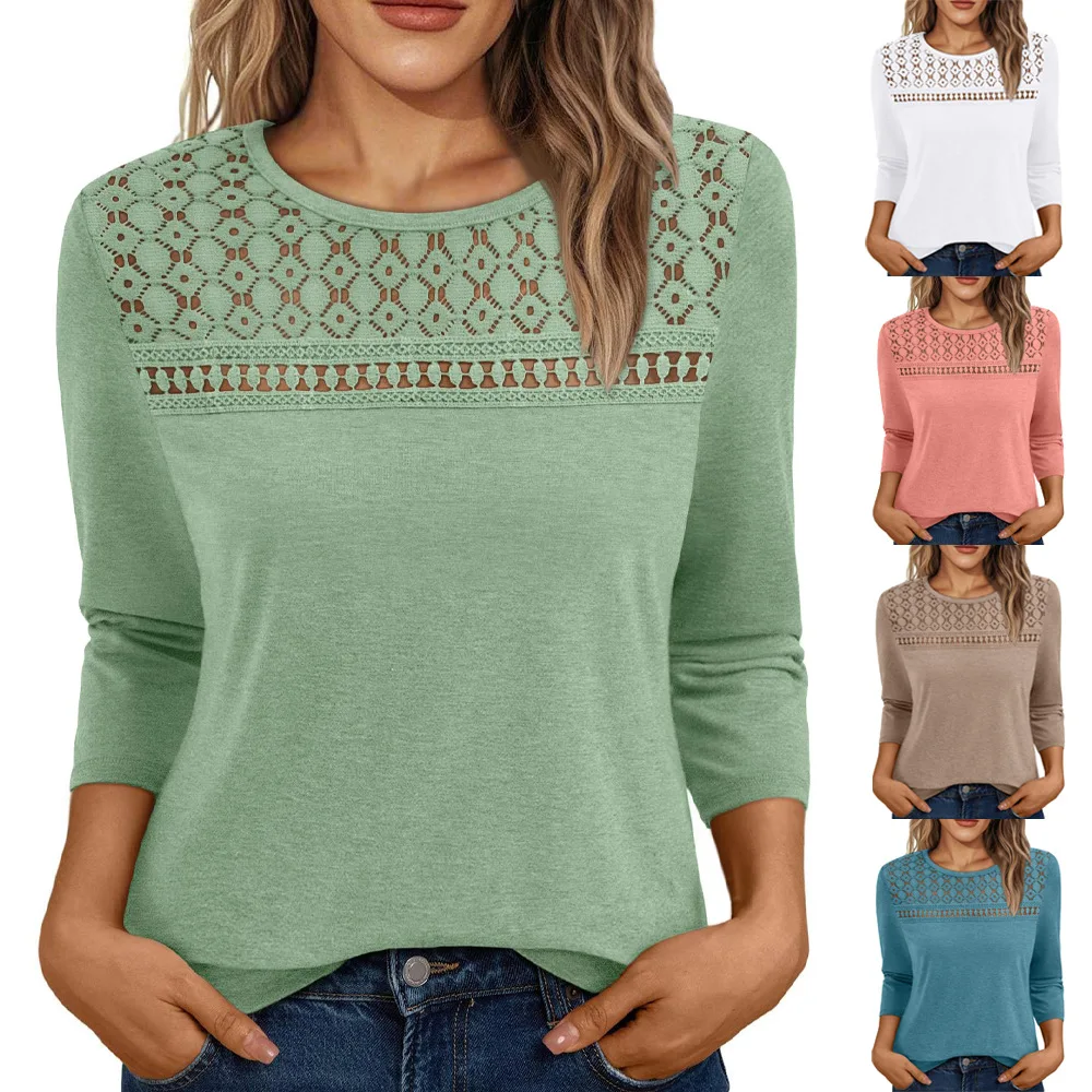 

Y2K autumn new comfortable casual loose women's shirt fashion crew neck top lace hollow breathable versatile long-sleeved top