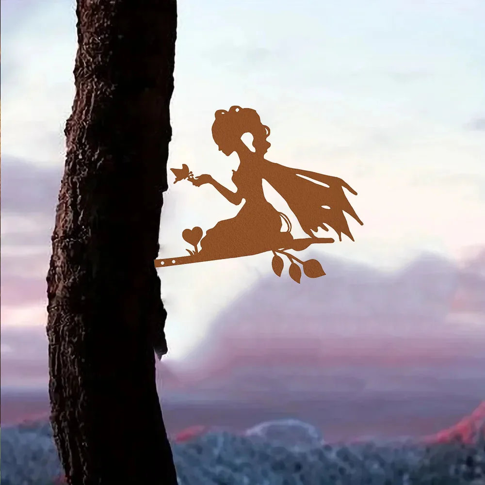 1pc Enchanting Elf Princess on Branch Steel Silhouette Metal Wall Art - Cast a Spell with this Bewitching Elf Princess on Branch