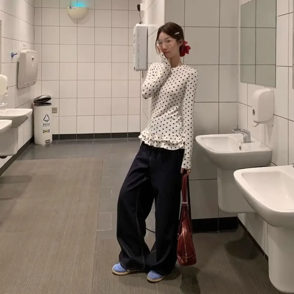 2025 جديد كشكش تقليم كم طويل تي شيرت البولكا نقطة رقيقة الداخلية الأعلى الحلو فيرو مودا