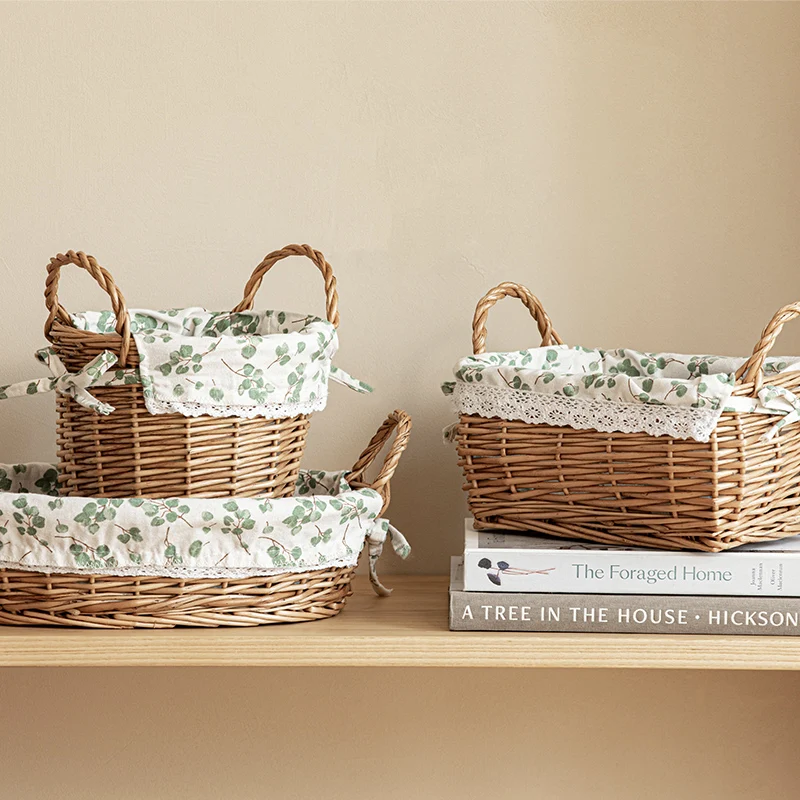 

Hand-Woven Storage Basket Rattan Fabric Lining Home Decor with Handle Picnic Basket Kitchen Storage Organizer Laundry Basket