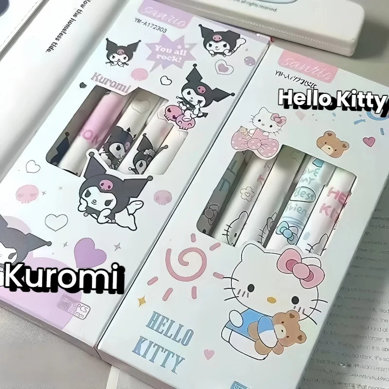 

6 pieces/box Sanrio Cartoon Kuromi Hello Kitty Quick-Dry Retractable Gel Pen High-Value Ins Style Black 0.5mm Ballpoint Pen