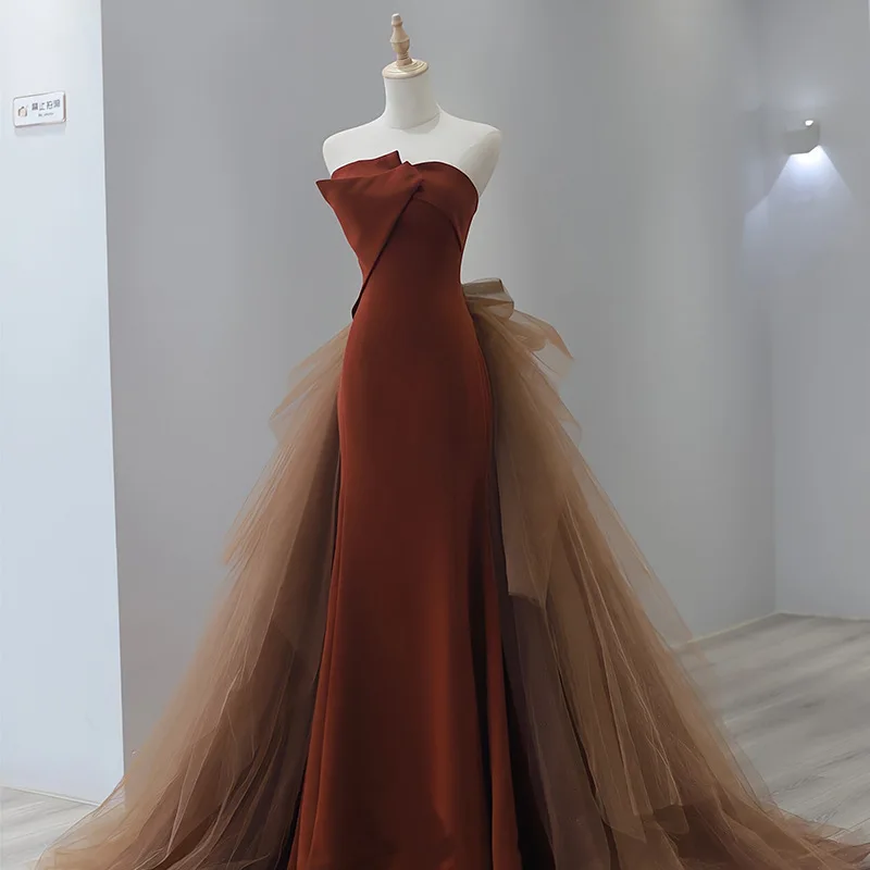 

Strapless Caramel Color Evening For Women Spring Elegant Engagement Toast Light Wedding Party Formal Dress Gown Vestido De Festa
