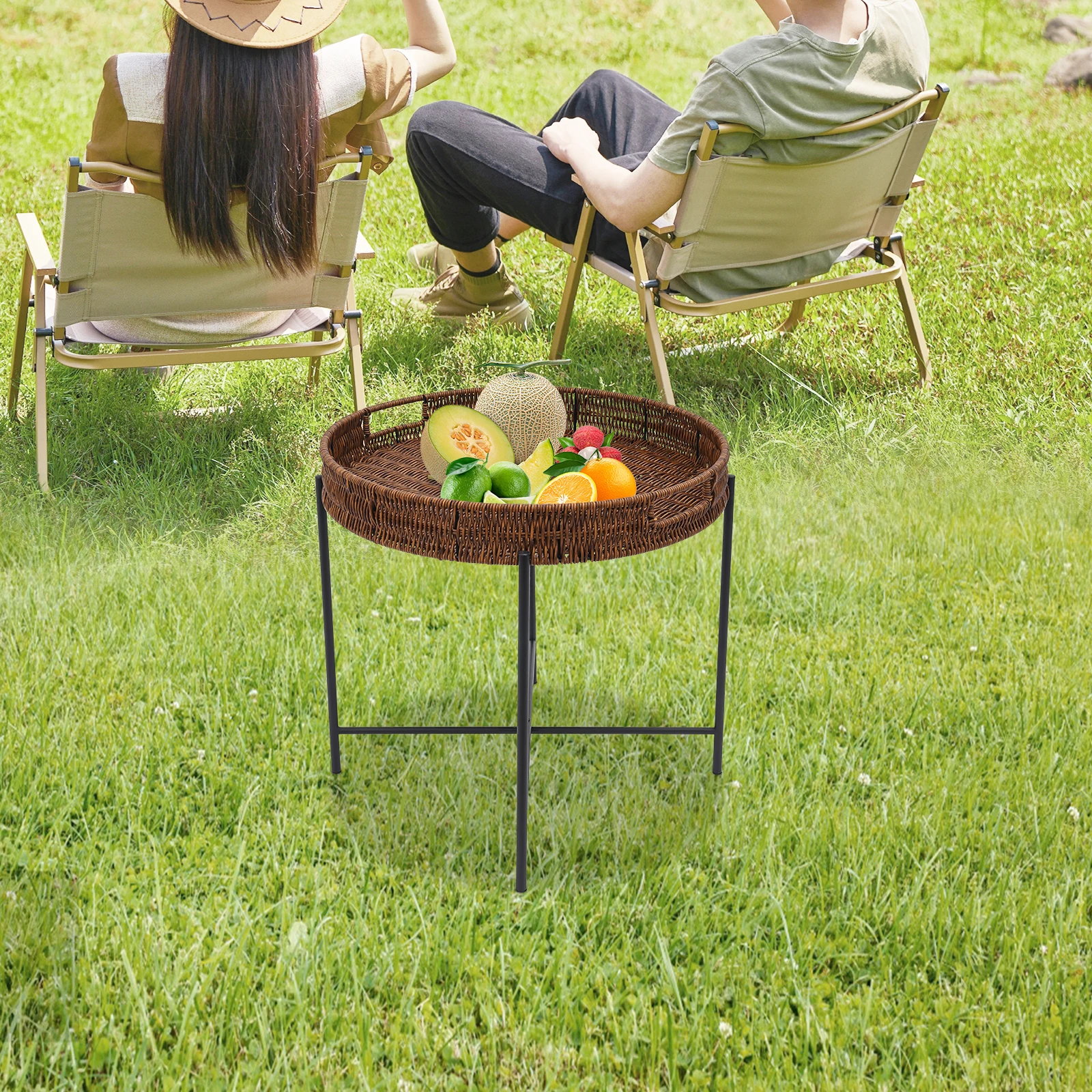 Foldable Braided Round Side Table, Coffee Table with Removable Tray, Imitation Rattan End Table