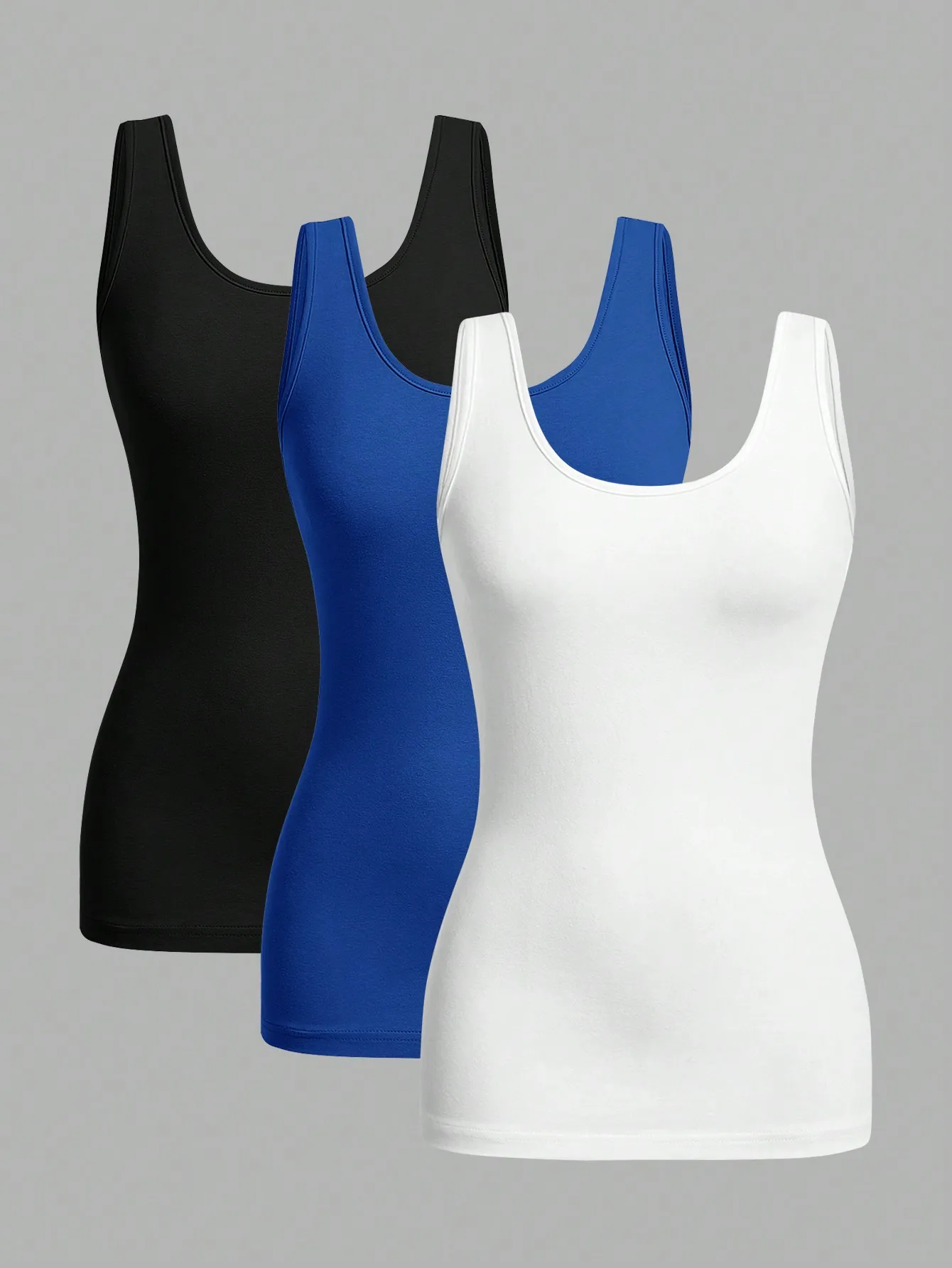 

Комплект из 3 однотонных облегающих топов для женщин - черный, королевский синий, белый