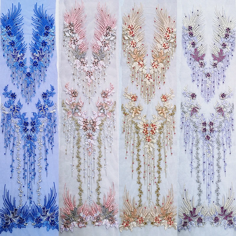 

Appliqued Apparel Decoration Deep V Neck Evening Dress Fabric Luxury Beaded Pearls Long Material