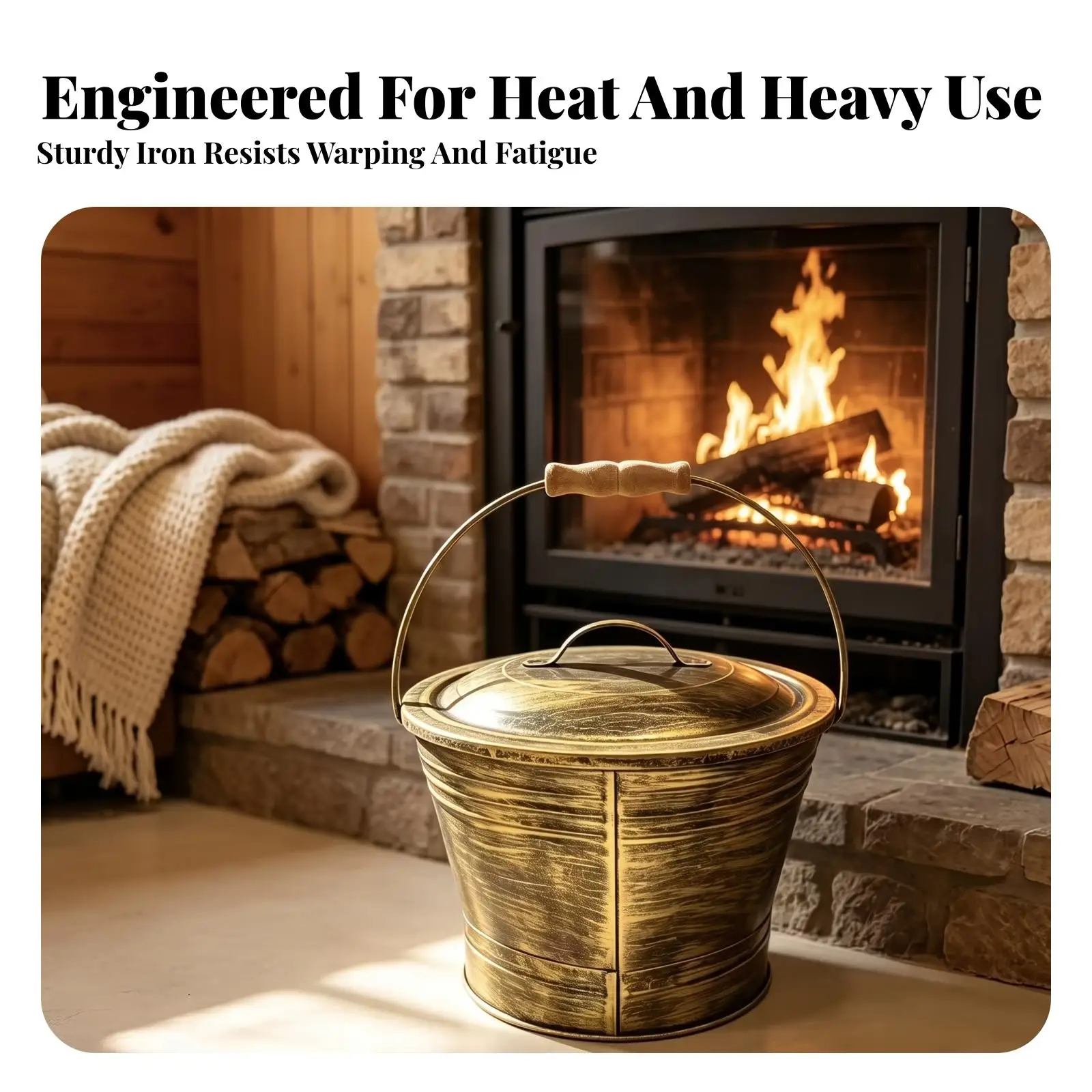Iron Wood Fireplace Ash Bucket with Lid Antique Finish Carry Handle for Small Hearth Soot Container Home Accessory