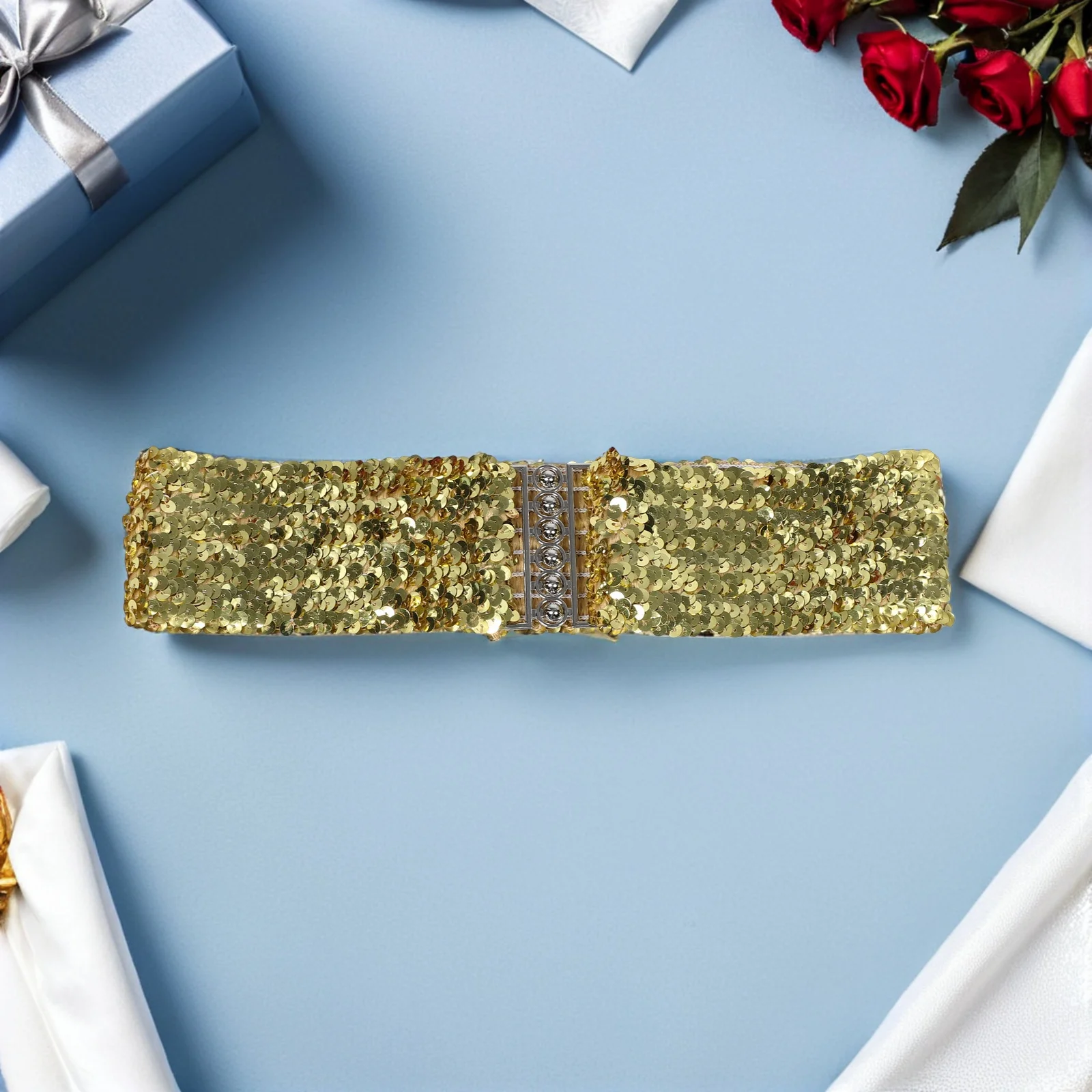 

3Pcs Sequin Waist Belt Glitter Elastic Wide Disco 70S 80S Party Costume Cinch Sparkly Cheerleader Stretchy Buckle Women