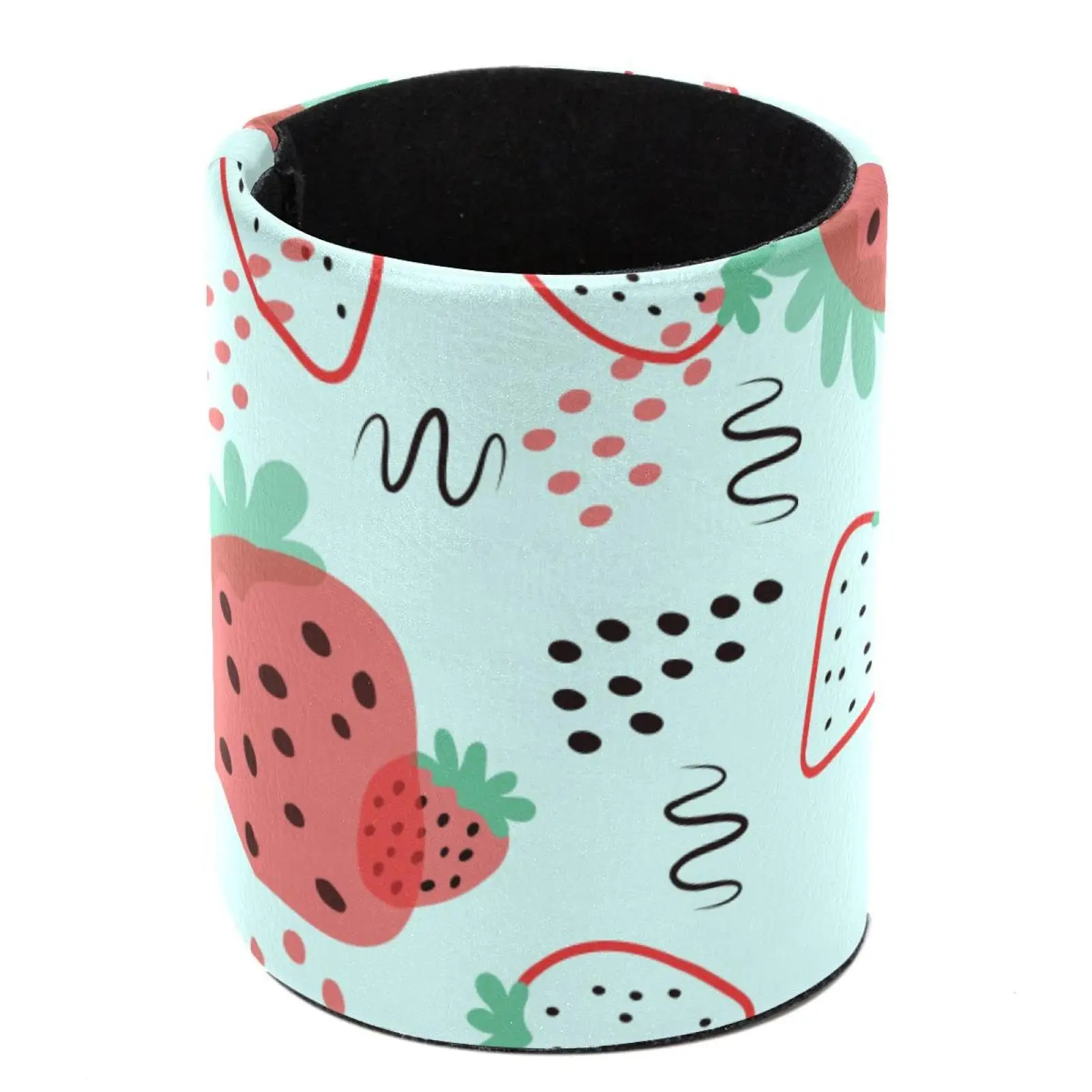 Strawberry Pencil Cup PU Leather Pen Holder Round Pen Stand Makeup Brush Organizer Storage Box for Office Classroom Home Study