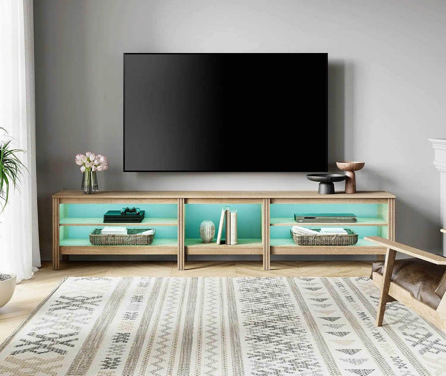 LED TV Stand 85 Inch Entertainment Center Console 16 Color Light 5 Storage Cubby Living Room Bedroom Oak, Customized