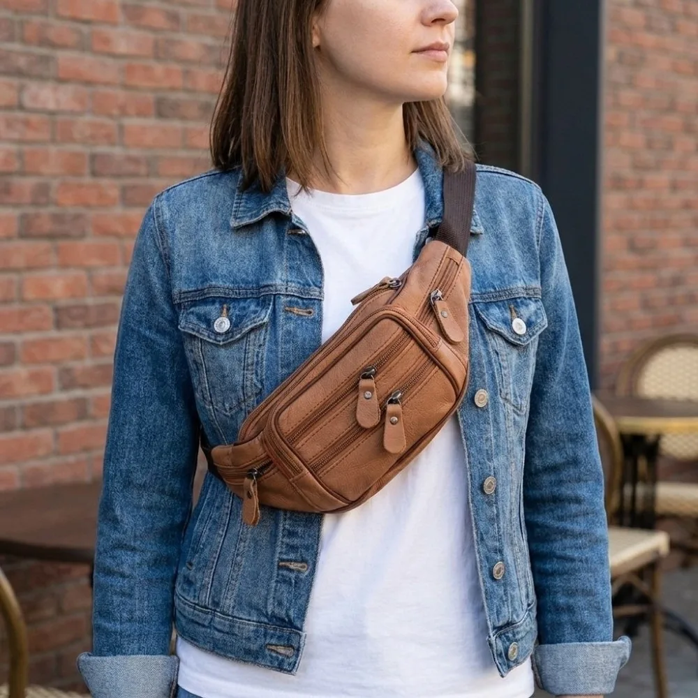 Solid Color Genuine Leather Fanny Bag Multi-layered Waterproof Men's Chest Pouch Large Capacity Wear-resistant Travel Waist Bag