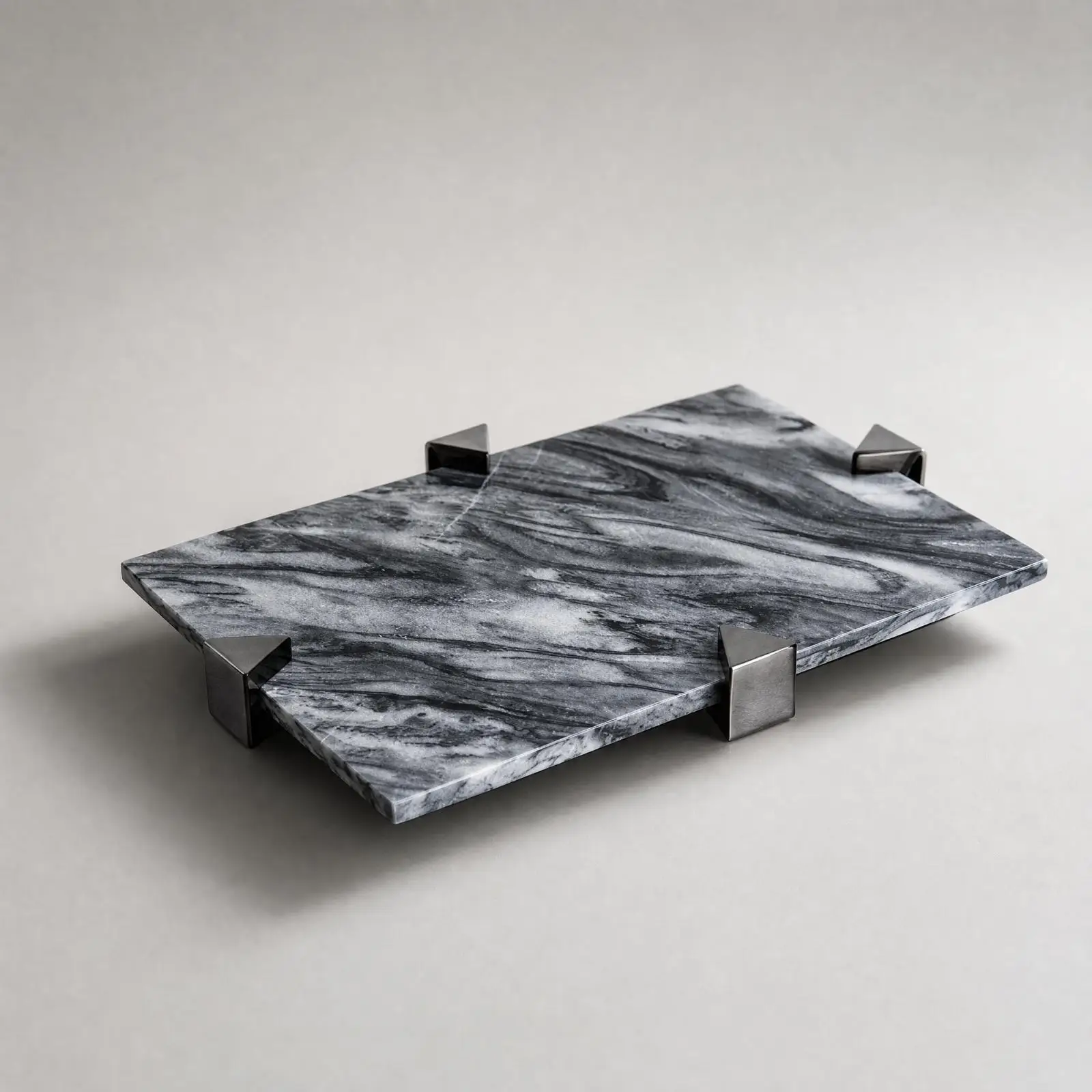 Marble Display Tray with Metal Corner Retainers Veined Rectangular Marble Tray Stone Serving Platter Multi-Purpose Elegant