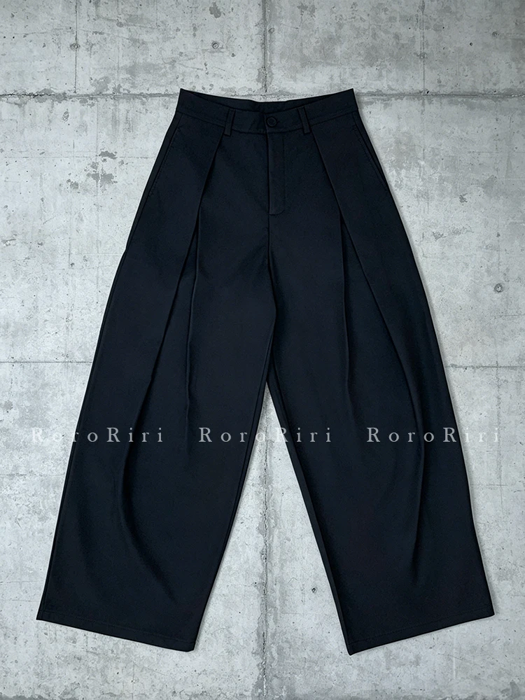 RORORIRI Retro Work Trousers for Women Simple Unisex Plain Wide Leg Pleat Straight Cleanfit Dress Pants Causal Korea Streetwear