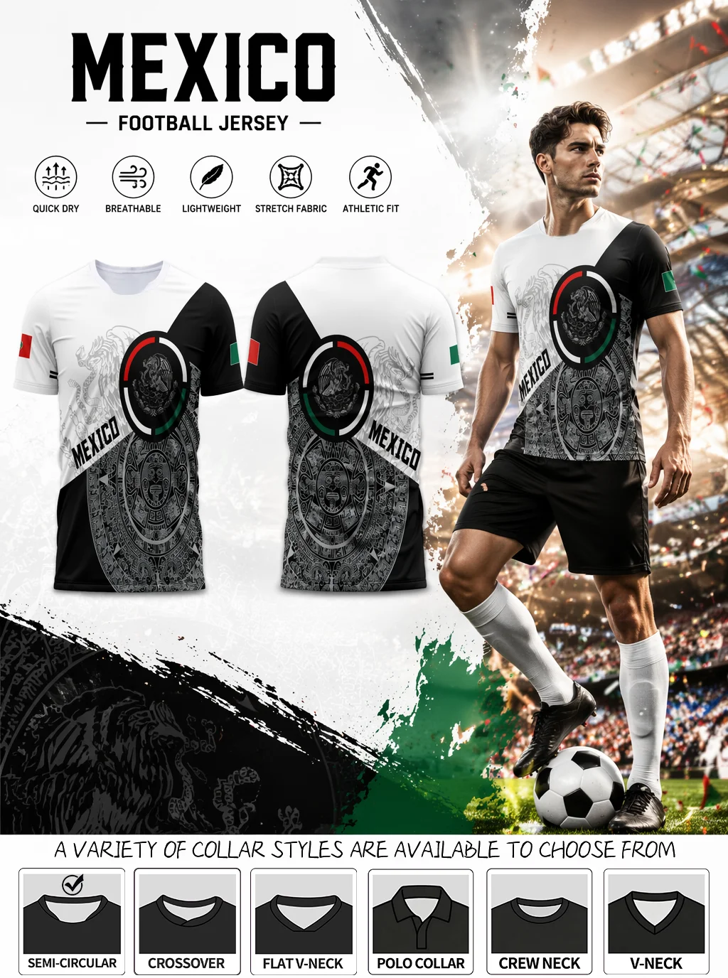 The Mexico football jersey with six collar selections fits soccer training, match‑day cheering and casual daily outfits