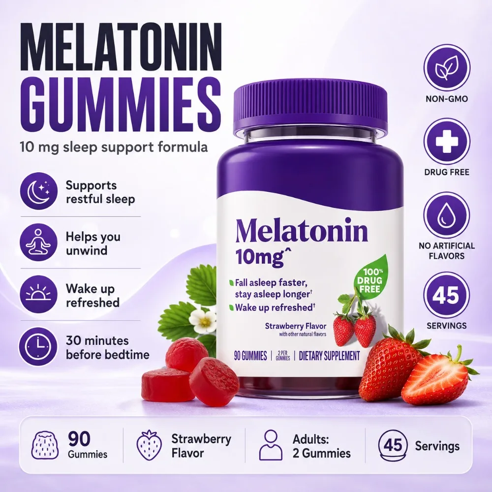 

Melatonin Gummies 10mg for Adults Strawberry Flavor Sleep Support Supplement Non-Habit Forming Drug-Free 90 Count 45 Servings
