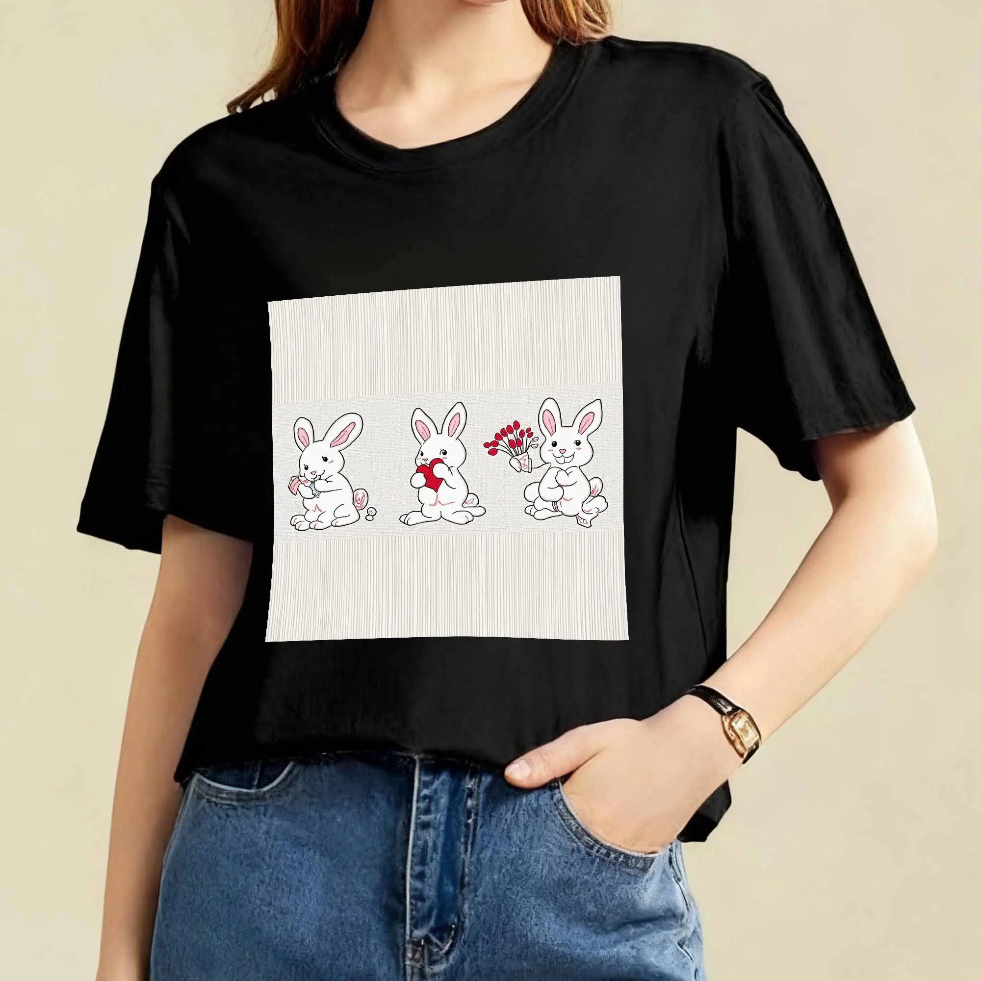 

Rabbit Floral Graphic Tee Soft Cotton Short Sleeve T-Shirt