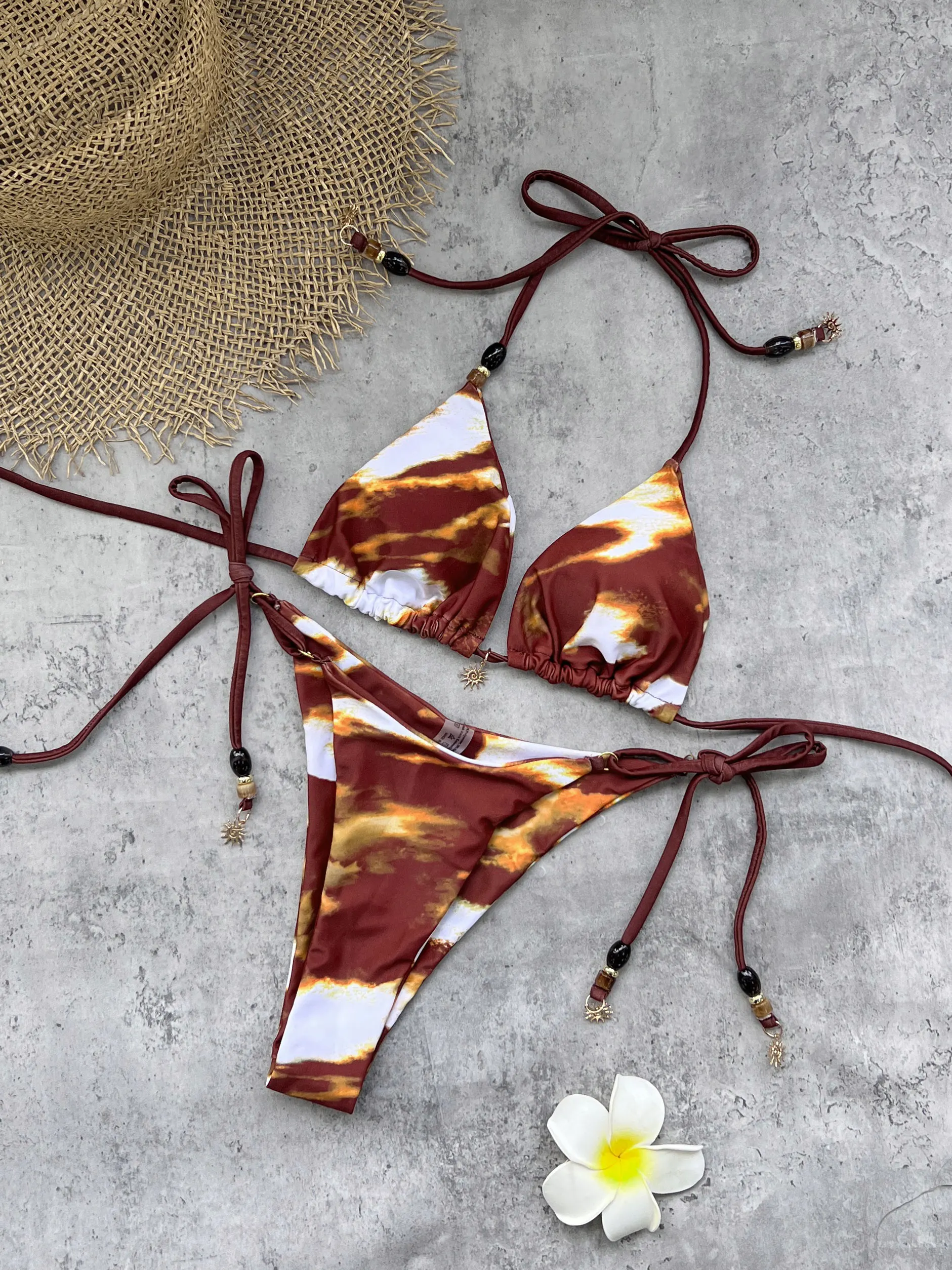 Vintage Triangle Printed Biquini Women Swimsuit Sexy Lady Low Waist Frill Bikini Swimwear Female Bathing Suit Mujer Beach Outfit