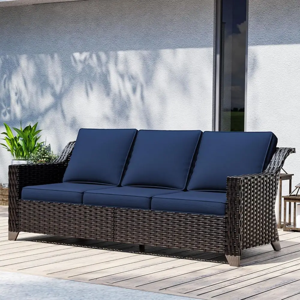 

3-Seat High Back Outdoor Couch with Thick Cushions, Blue Wicker Patio Furniture for Deck or Porch