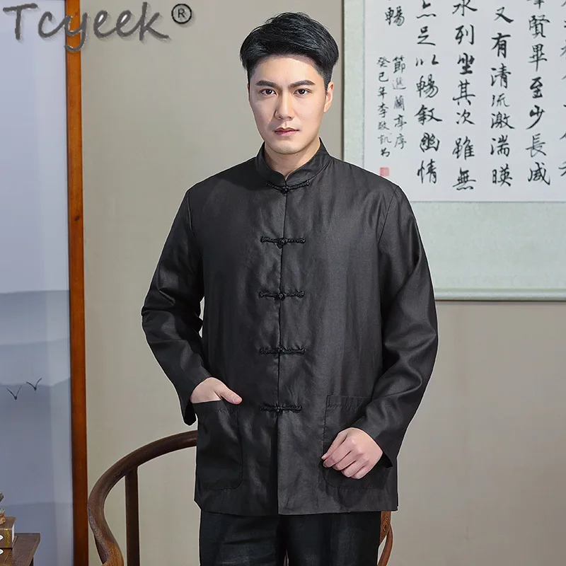 

Tcyeek 100% Mulberry Real Silk Shirts for Men 2024 Spring Summer Long Sleeve Top Chinese Style Casual Mens Tops Chemise Homme